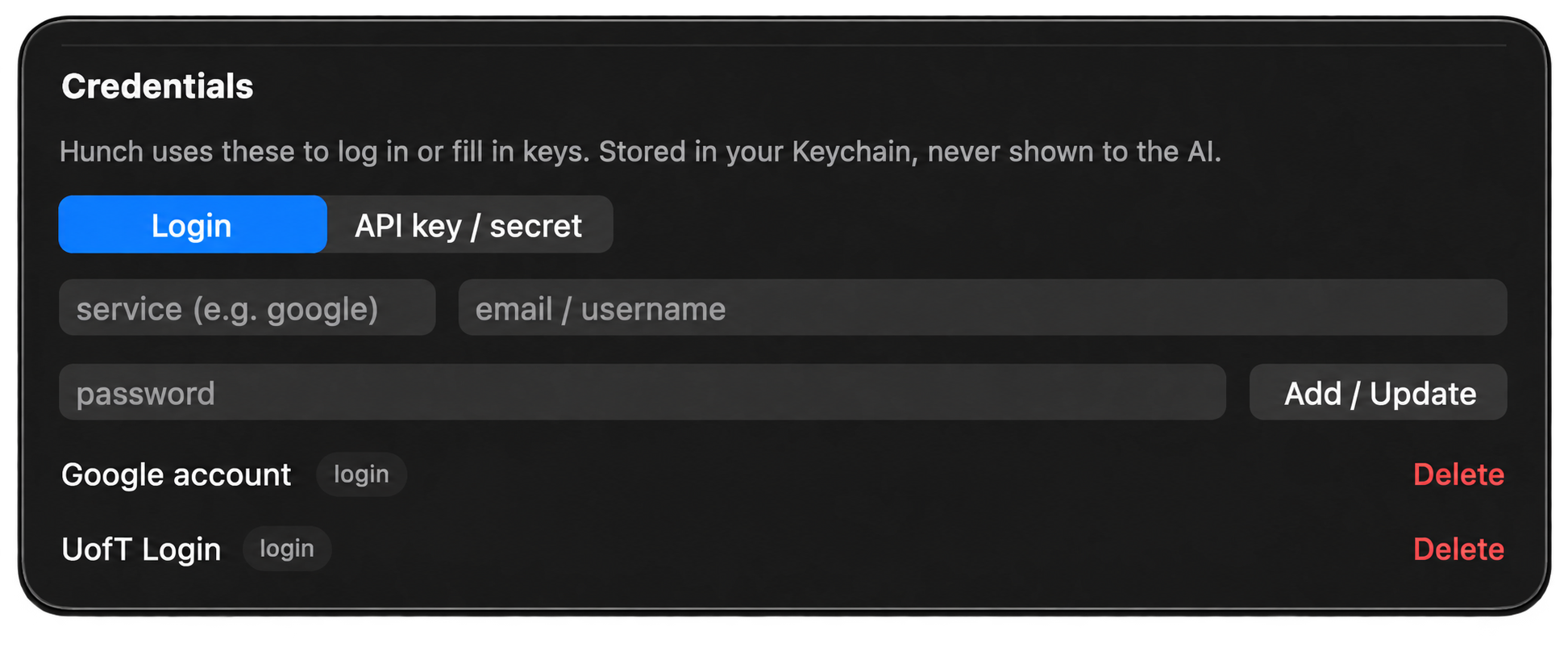 Hunch credentials settings for logins and API keys
